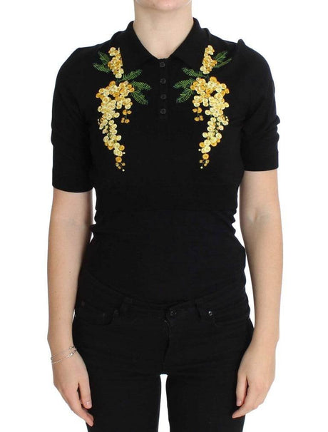 Dolce & Gabbana Black Silk Floral Embroidered Polo Top - Hilstor