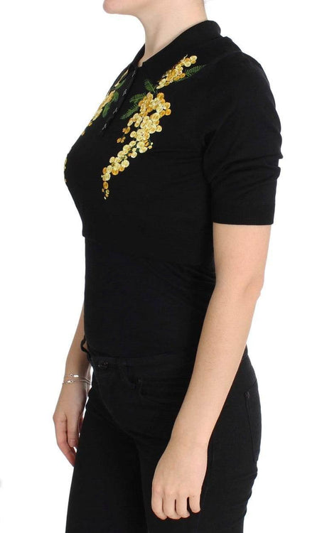 Dolce & Gabbana Black Silk Floral Embroidered Polo Top - Hilstor