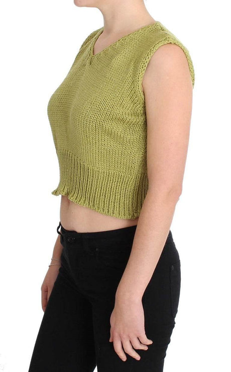 PINK MEMORIES Green Cotton Blend Knitted Sleeveless Sweater - Hilstor