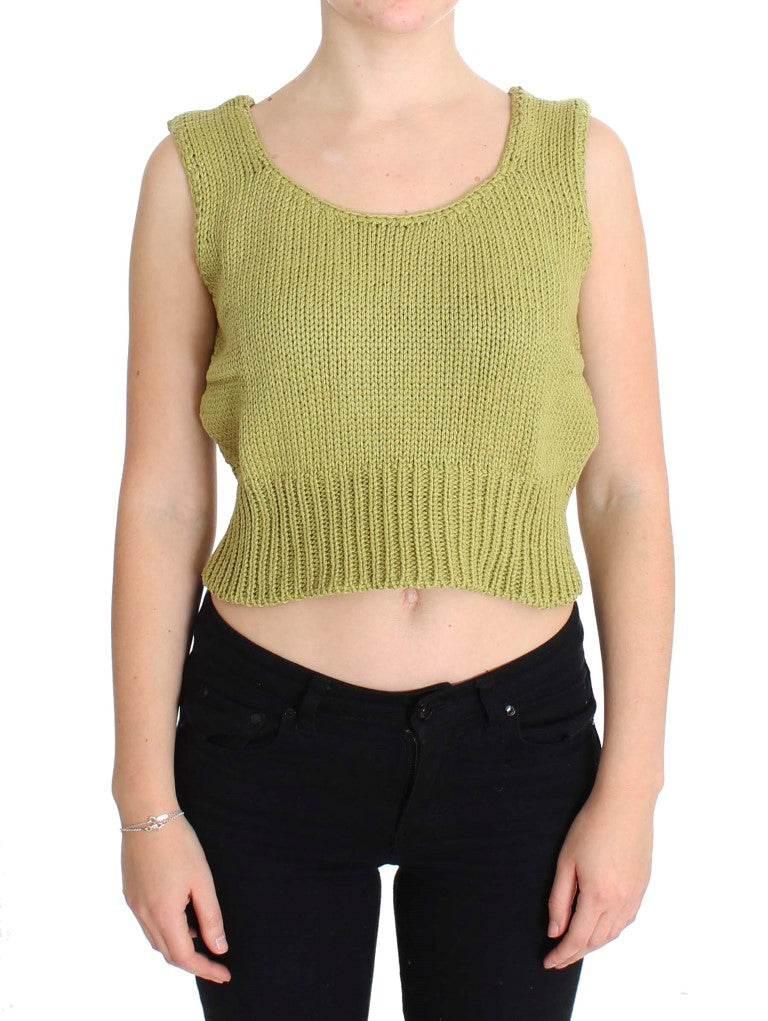 PINK MEMORIES Green Cotton Blend Knitted Sleeveless Sweater - Hilstor