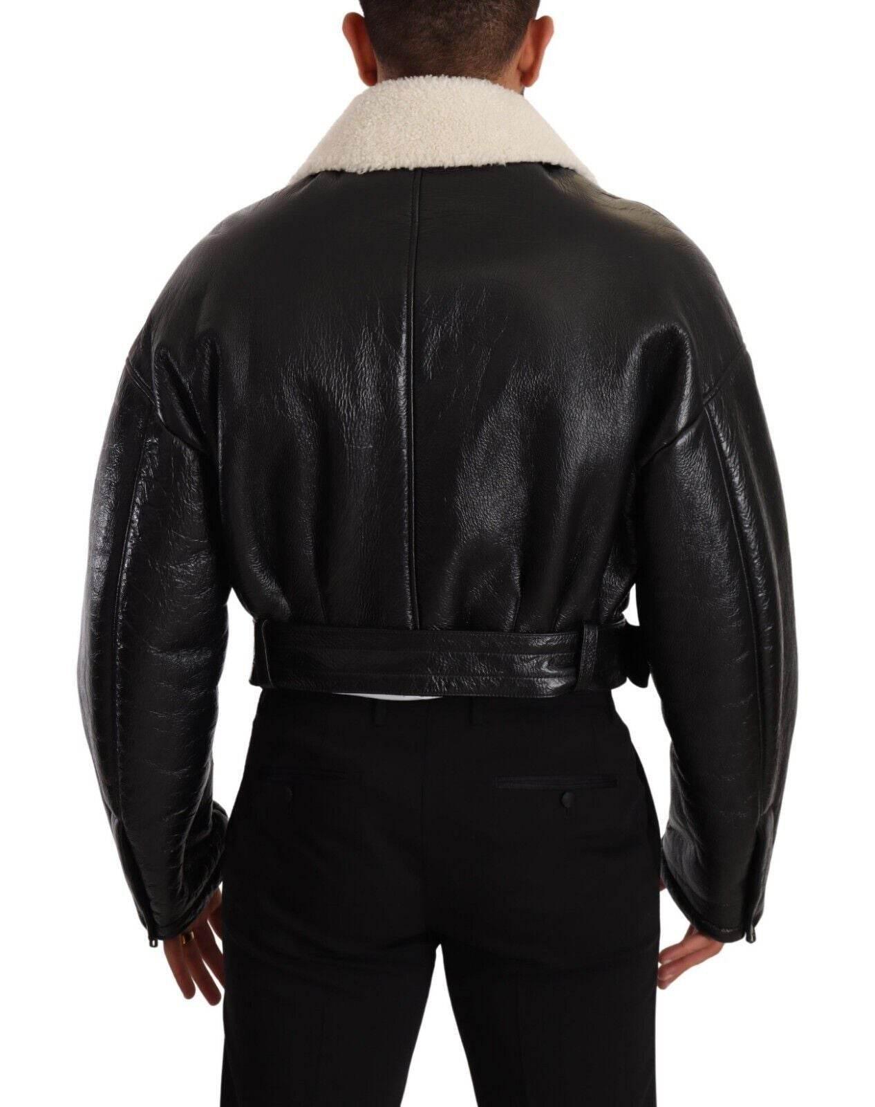 Dolce & Gabbana Black Leather Shearling Biker Coat Jacket - Hilstor