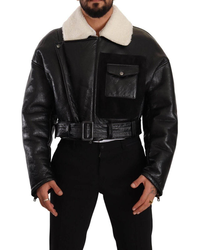 Dolce & Gabbana Black Leather Shearling Biker Coat Jacket - Hilstor