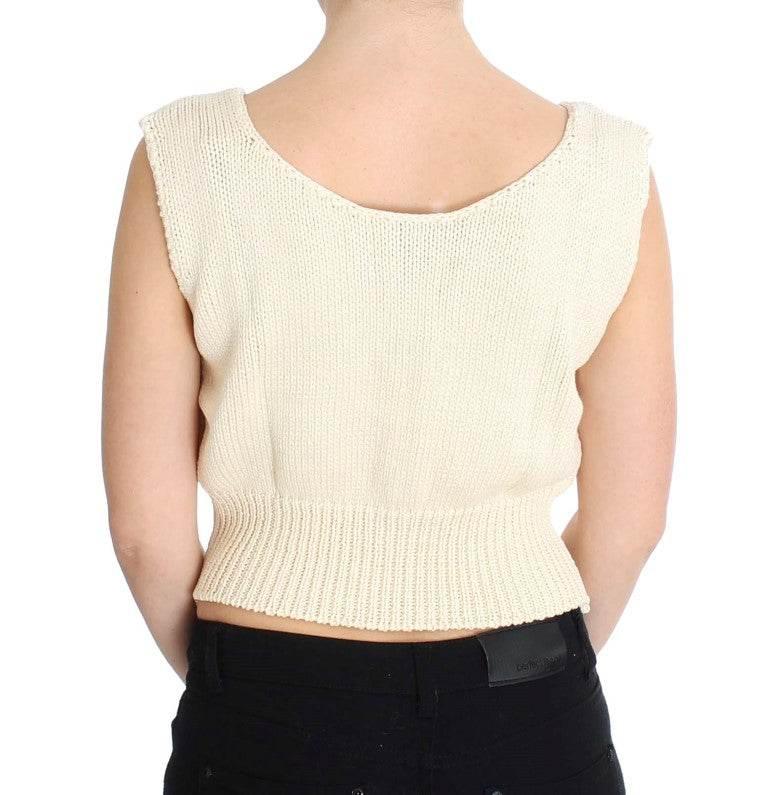 PINK MEMORIES Beige Cotton Blend Knitted Sleeveless Sweater - Hilstor