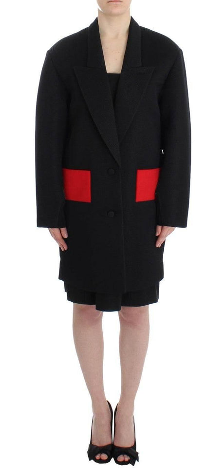 KAALE SUKTAE Elegant Draped Long Coat in Black with Red Accents - Hilstor
