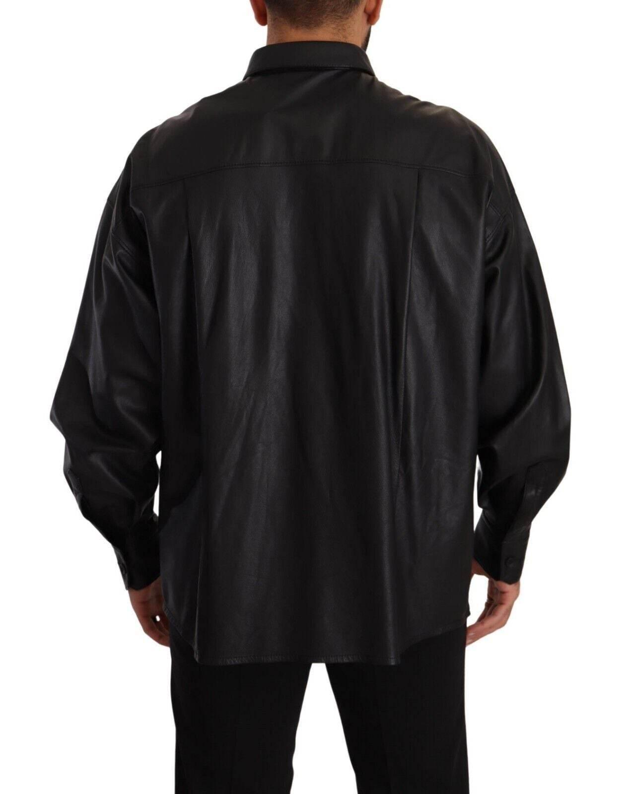 Dolce & Gabbana Black Leather Button Down Men Collared Jacket - Hilstor