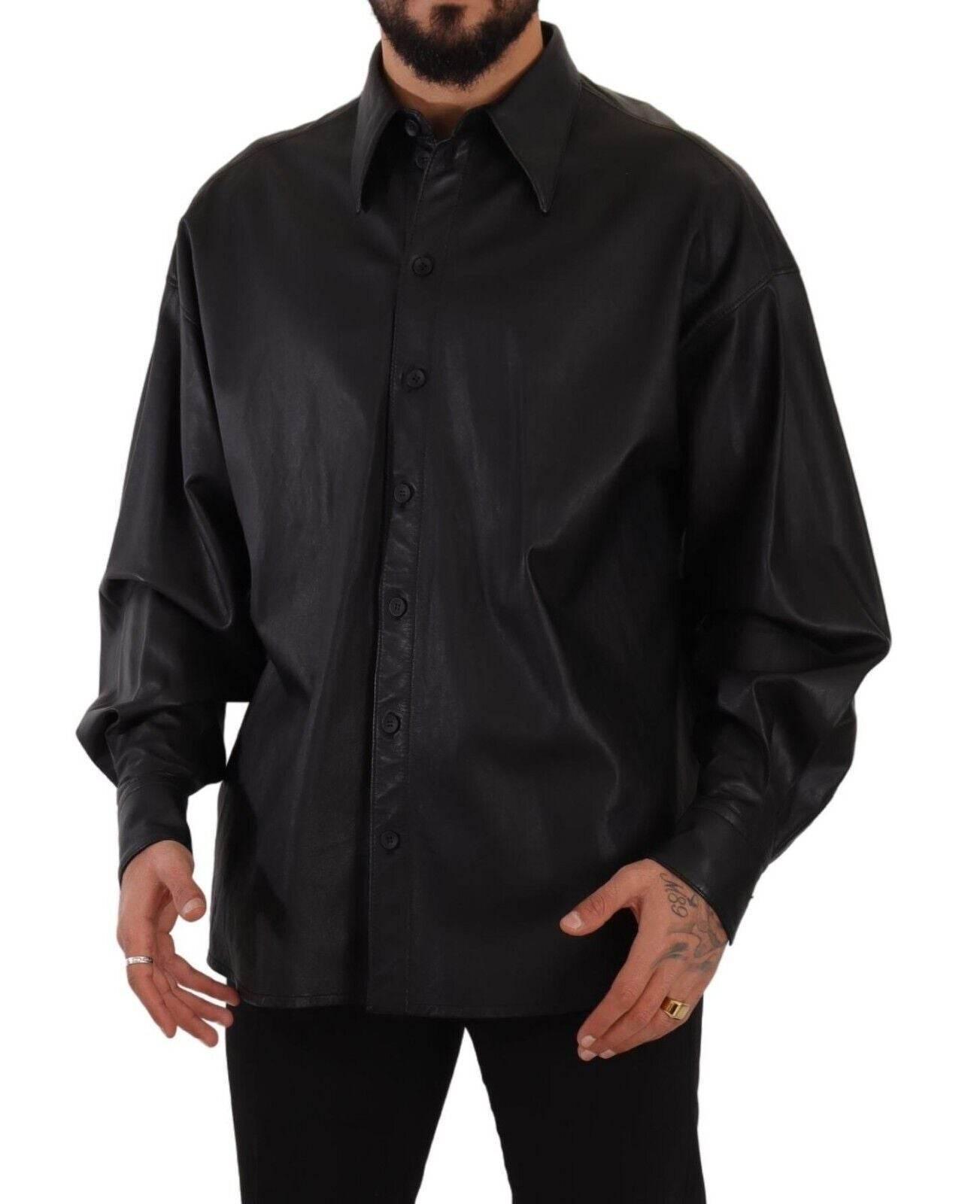Dolce & Gabbana Black Leather Button Down Men Collared Jacket - Hilstor
