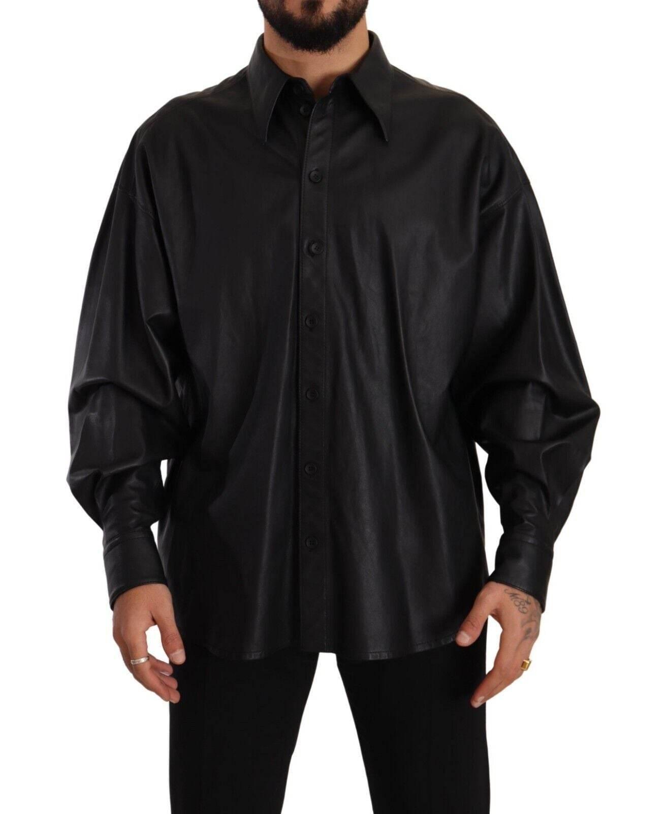 Dolce & Gabbana Black Leather Button Down Men Collared Jacket - Hilstor