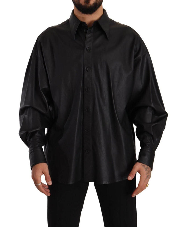 Dolce & Gabbana Black Leather Button Down Men Collared Jacket - Hilstor