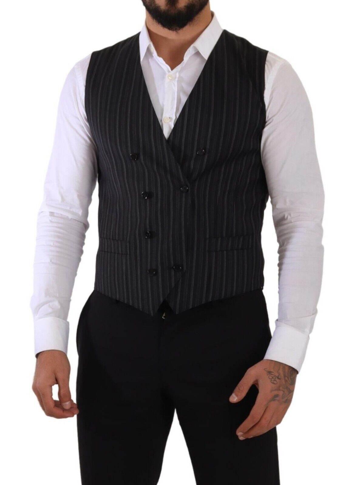 Dolce & Gabbana Gray Striped Double Breasted Waistcoat Vest - Hilstor