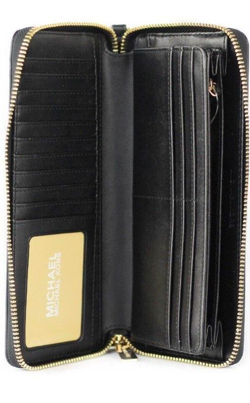 Michael Kors Jet Set Travel Large Black Pebble Leather Continental Wrist Wallet - Hilstor