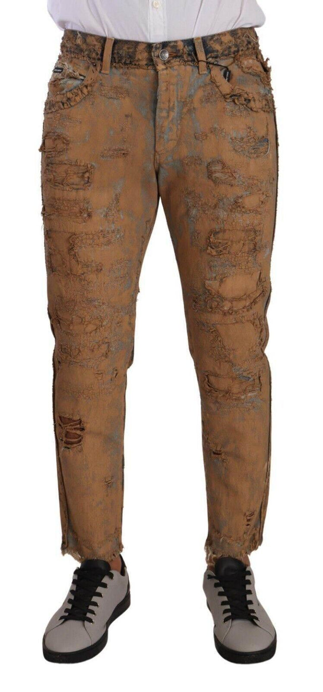Dolce & Gabbana Brown Distressed Cotton Regular Denim Jeans - Hilstor