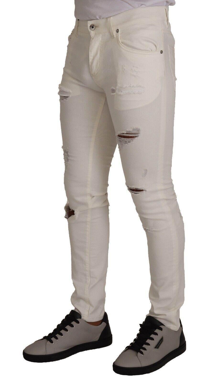 Dolce & Gabbana White Tattered Skinny Cotton Men Denim Jeans - Hilstor