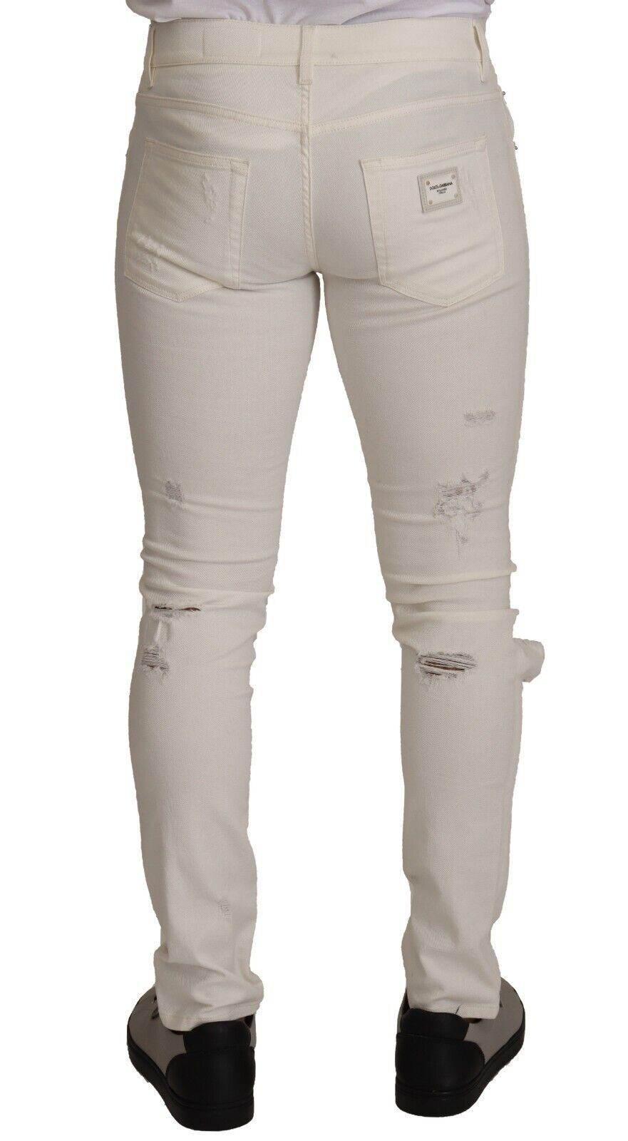 Dolce & Gabbana White Tattered Skinny Cotton Men Denim Jeans - Hilstor