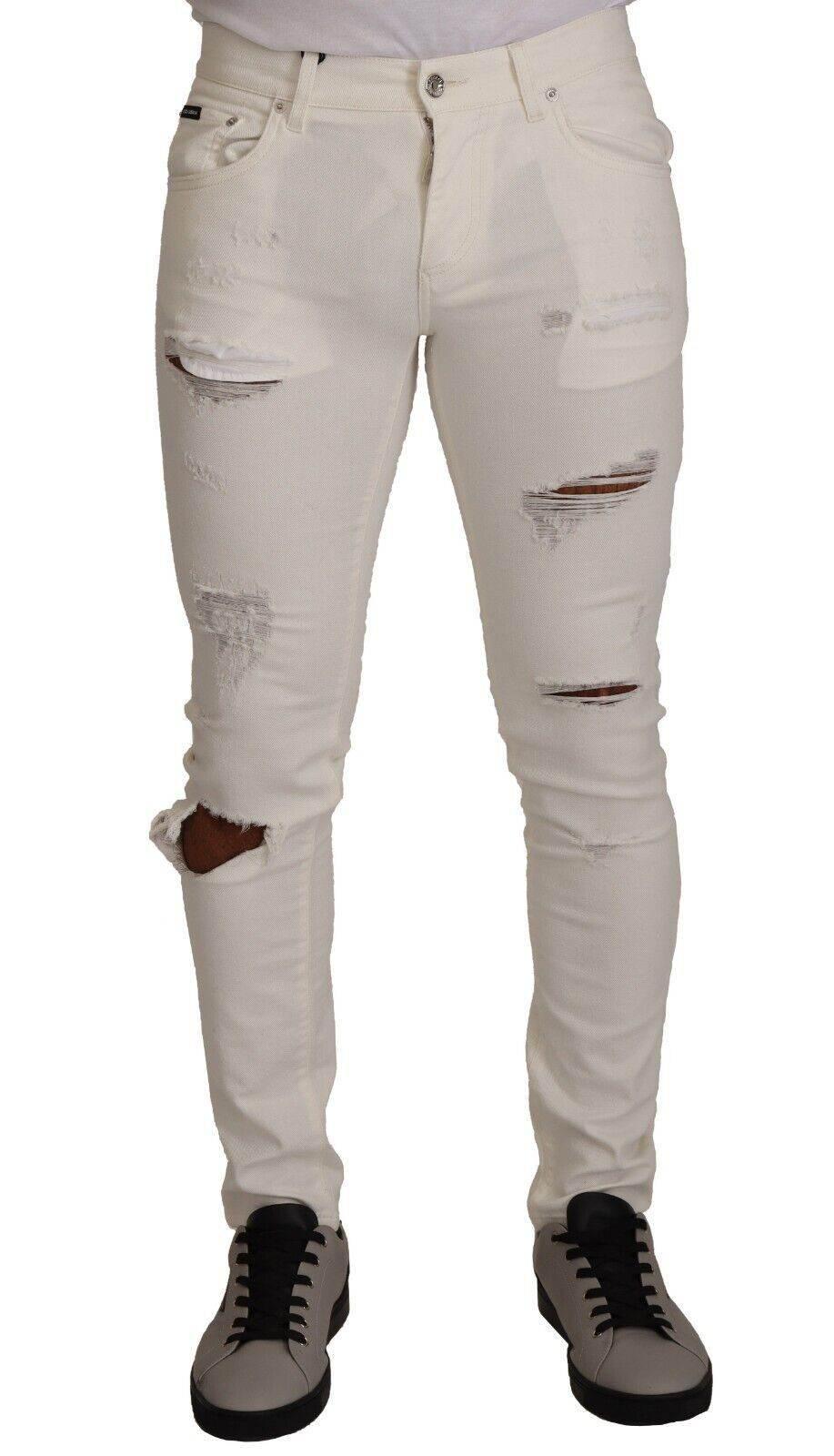 Dolce & Gabbana White Tattered Skinny Cotton Men Denim Jeans - Hilstor