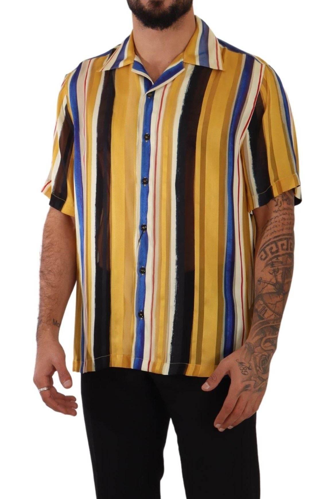 Dolce & Gabbana Yellow Striped Silk-Blend Men's Shirt - Hilstor