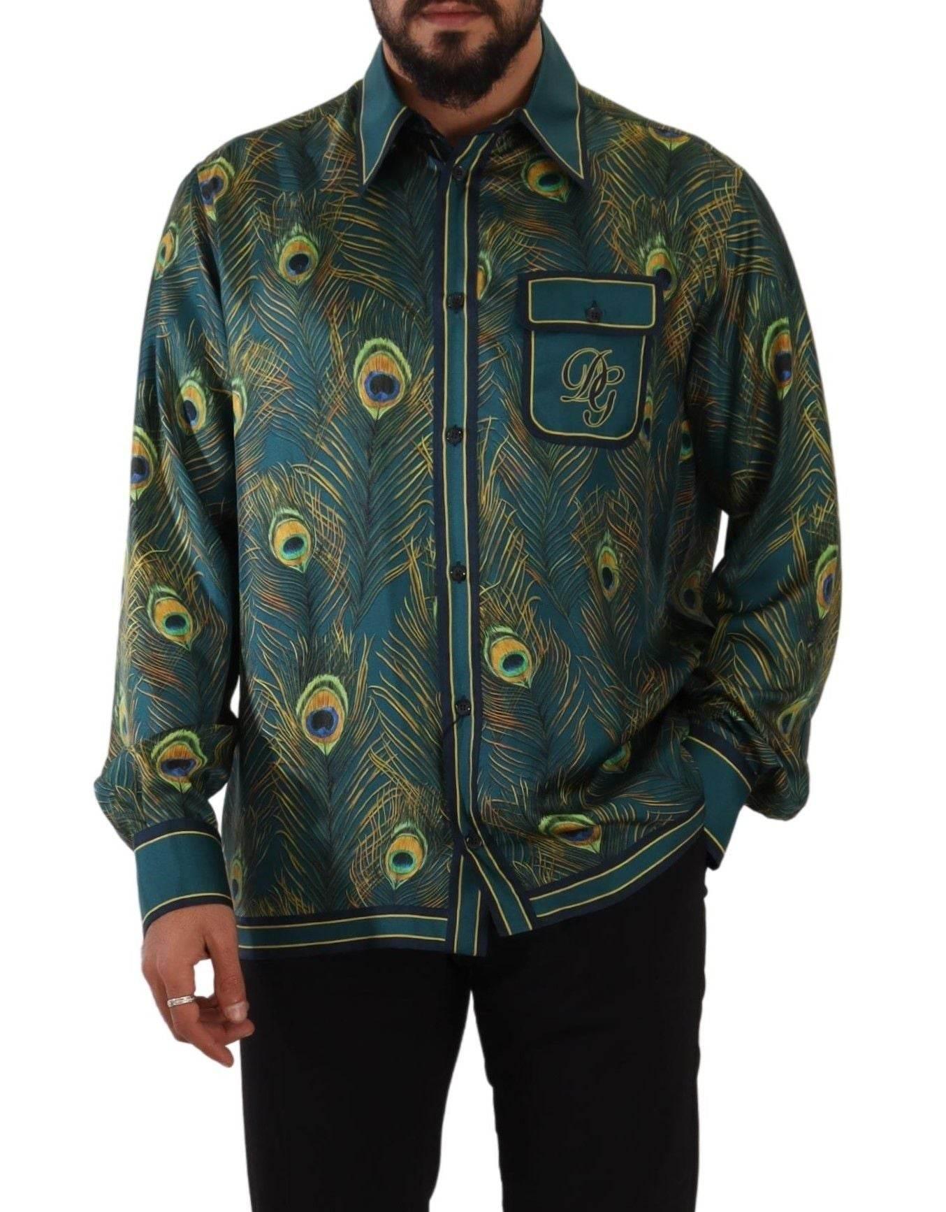 Dolce & Gabbana Peacock Feather Print Silk Shirt - Hilstor
