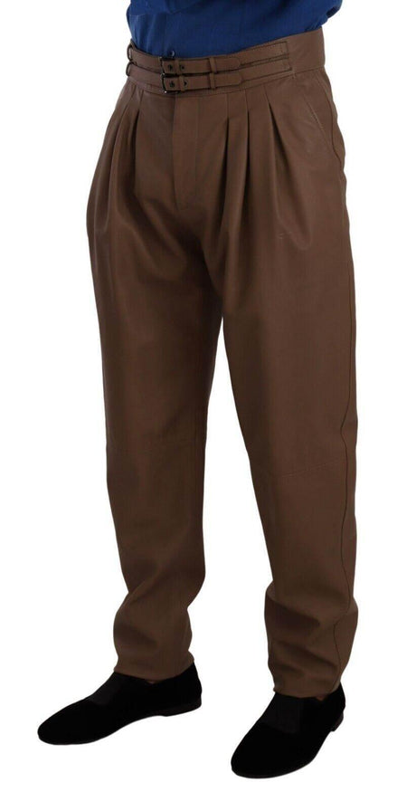 Dolce & Gabbana Brown Leather Tapered High Waist Pants - Hilstor
