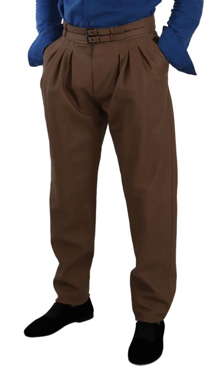 Dolce & Gabbana Brown Leather Tapered High Waist Pants - Hilstor
