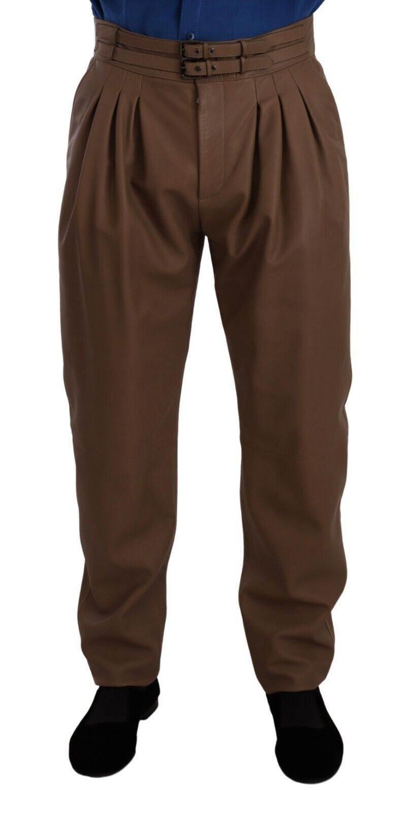 Dolce & Gabbana Brown Leather Tapered High Waist Pants - Hilstor