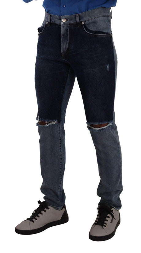 Dolce & Gabbana Blue Two Tone Tattered Cotton Slim Denim Jeans - Hilstor