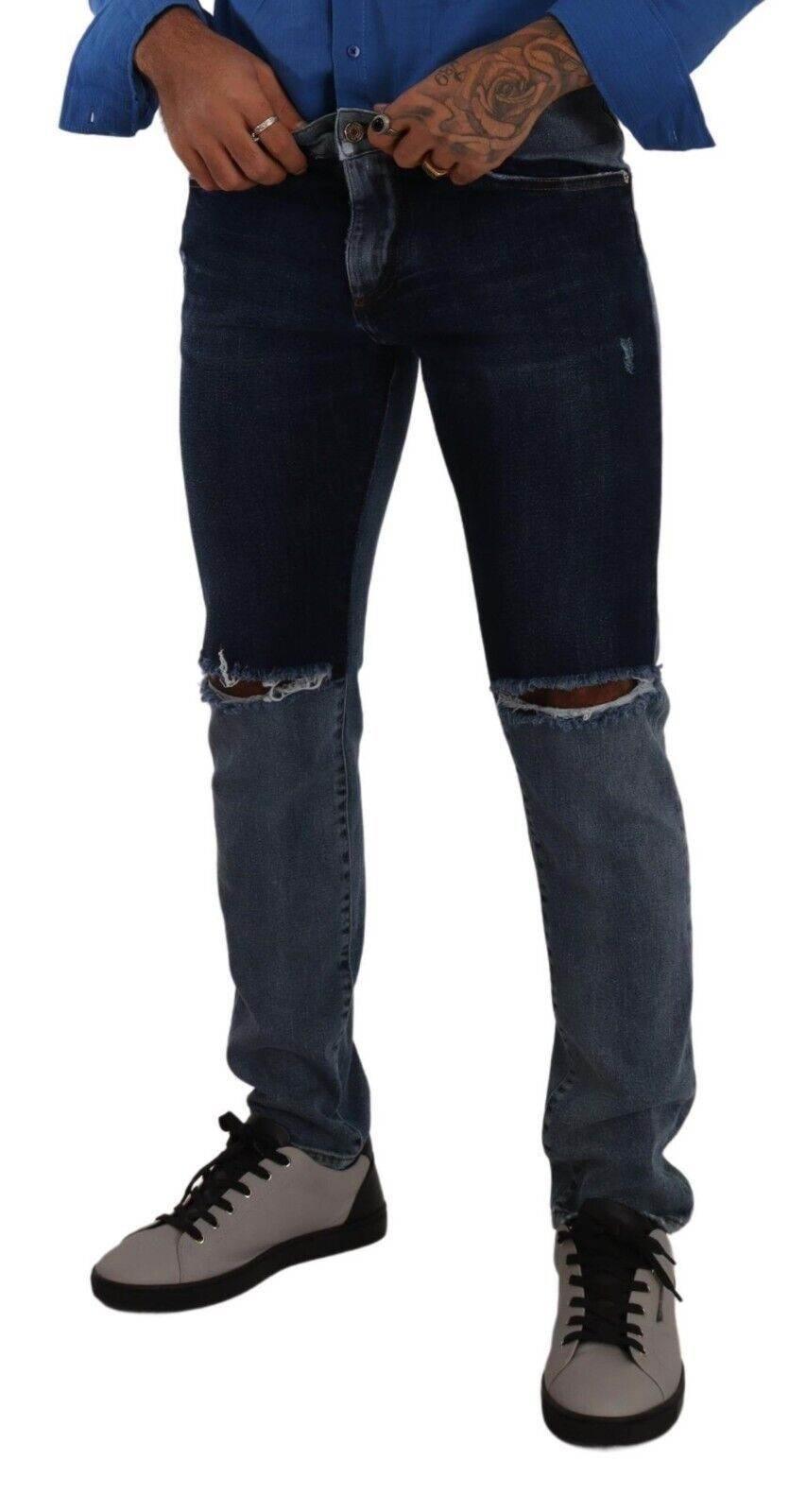 Dolce & Gabbana Blue Two Tone Tattered Cotton Slim Denim Jeans - Hilstor