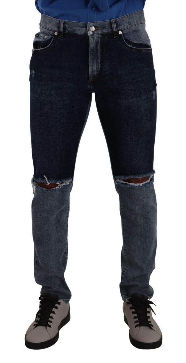 Dolce & Gabbana Blue Two Tone Tattered Cotton Slim Denim Jeans - Hilstor