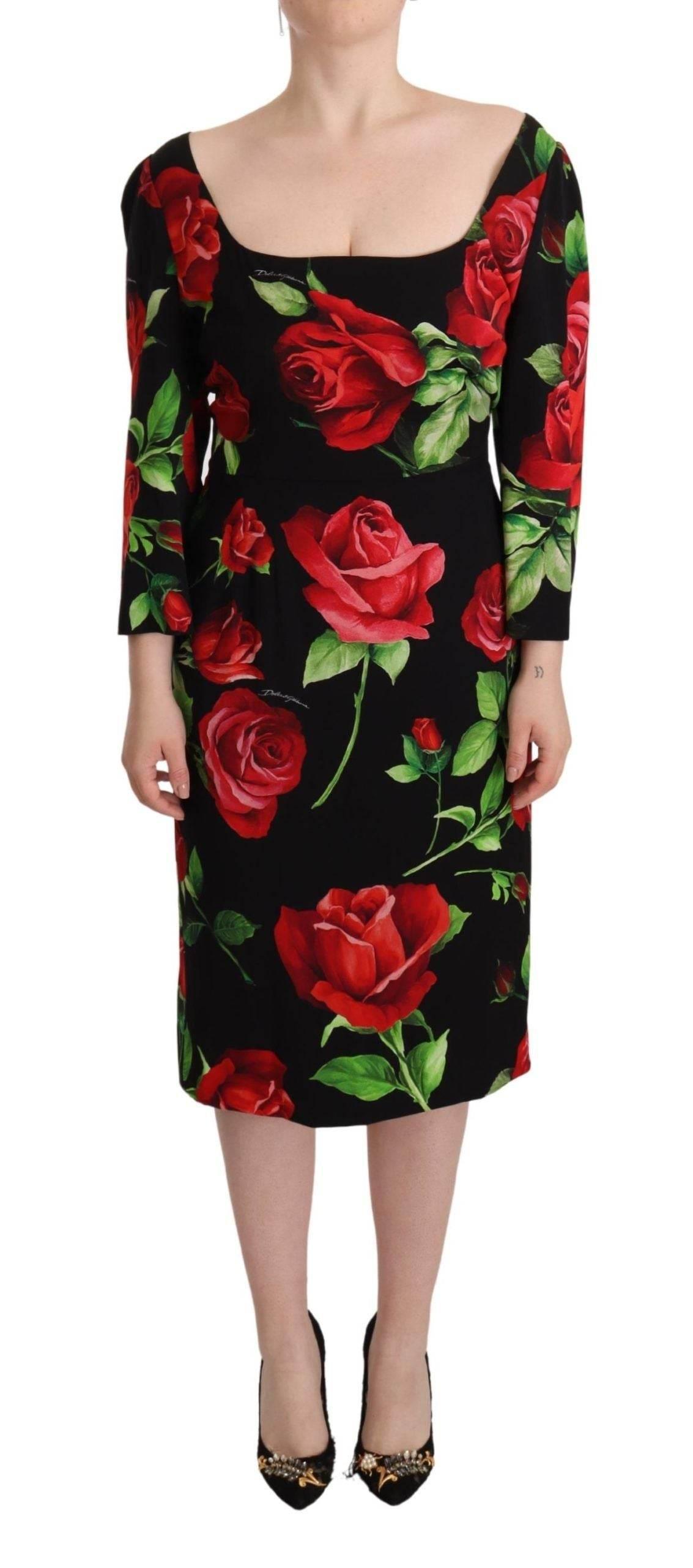 Dolce & Gabbana Black Red Roses Sheath Stretch Silk Dress - Hilstor