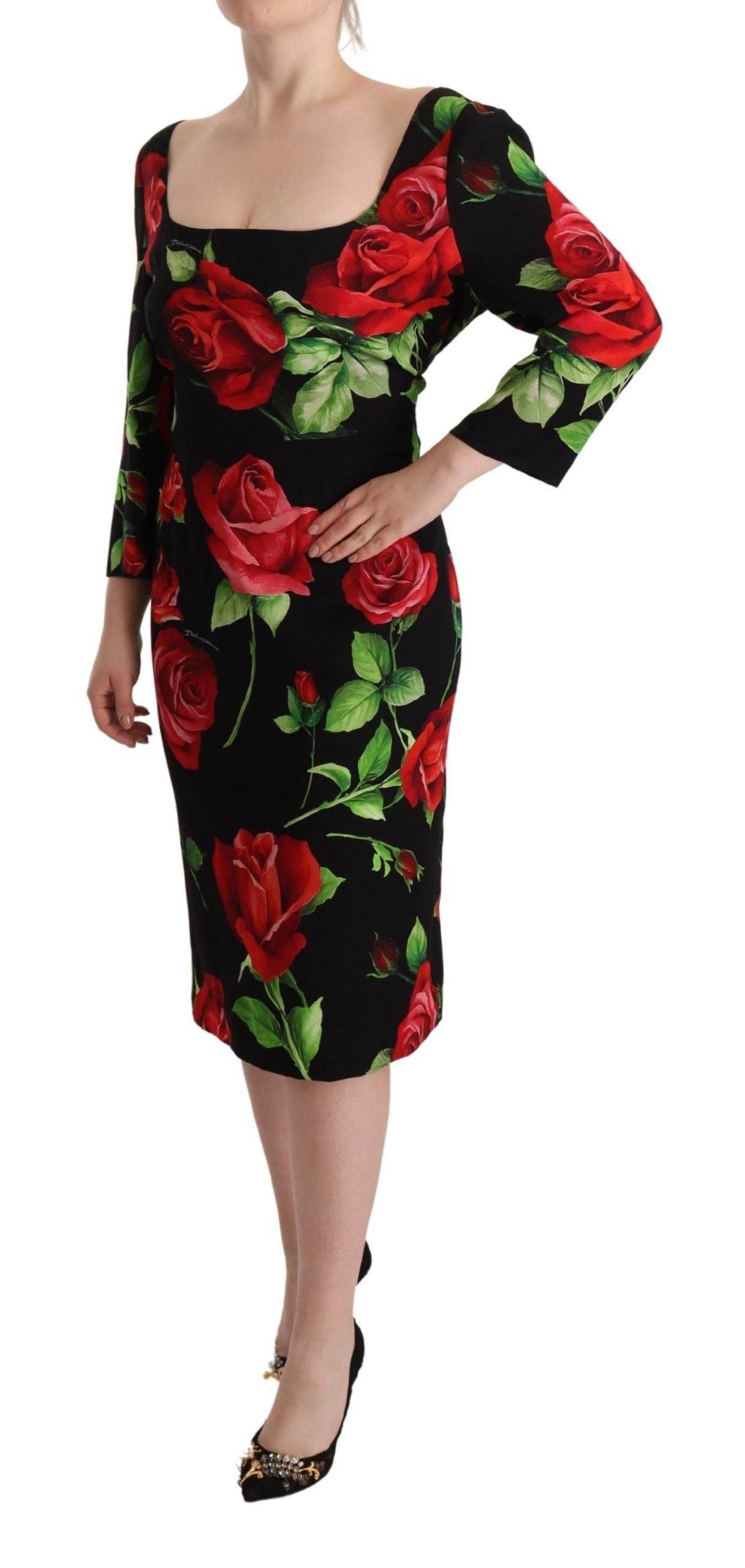 Dolce & Gabbana Black Red Roses Sheath Stretch Silk Dress - Hilstor