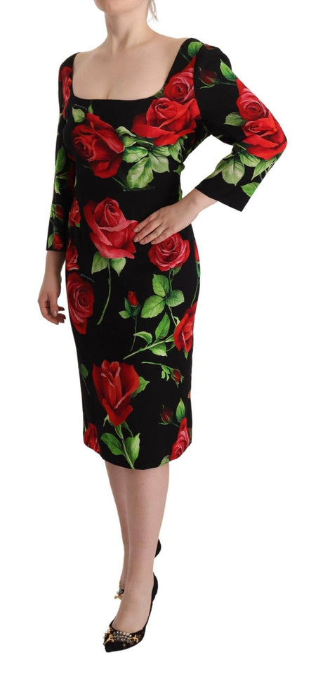 Dolce & Gabbana Black Red Roses Sheath Stretch Silk Dress - Hilstor