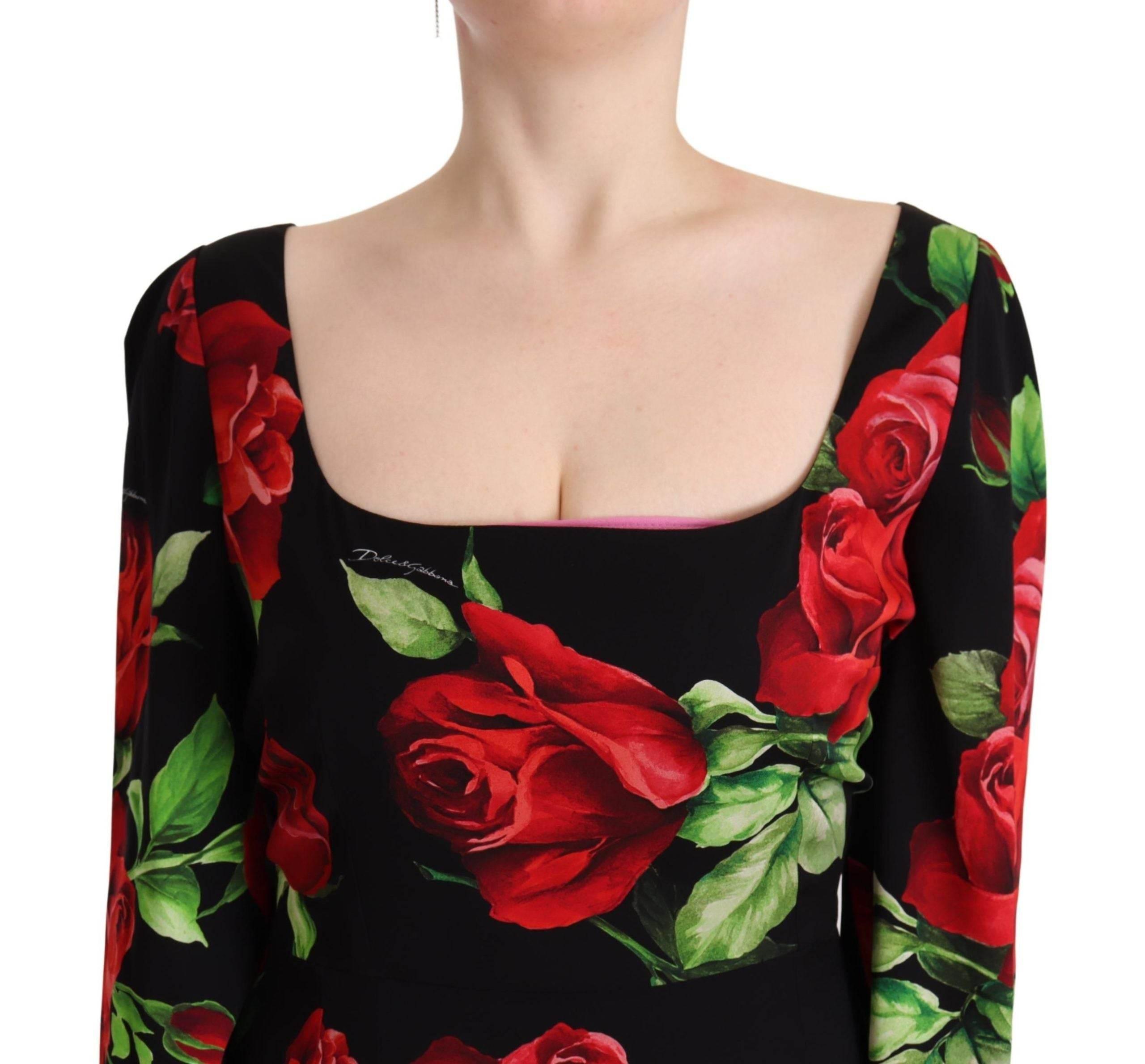 Dolce & Gabbana Black Red Roses Sheath Stretch Silk Dress - Hilstor