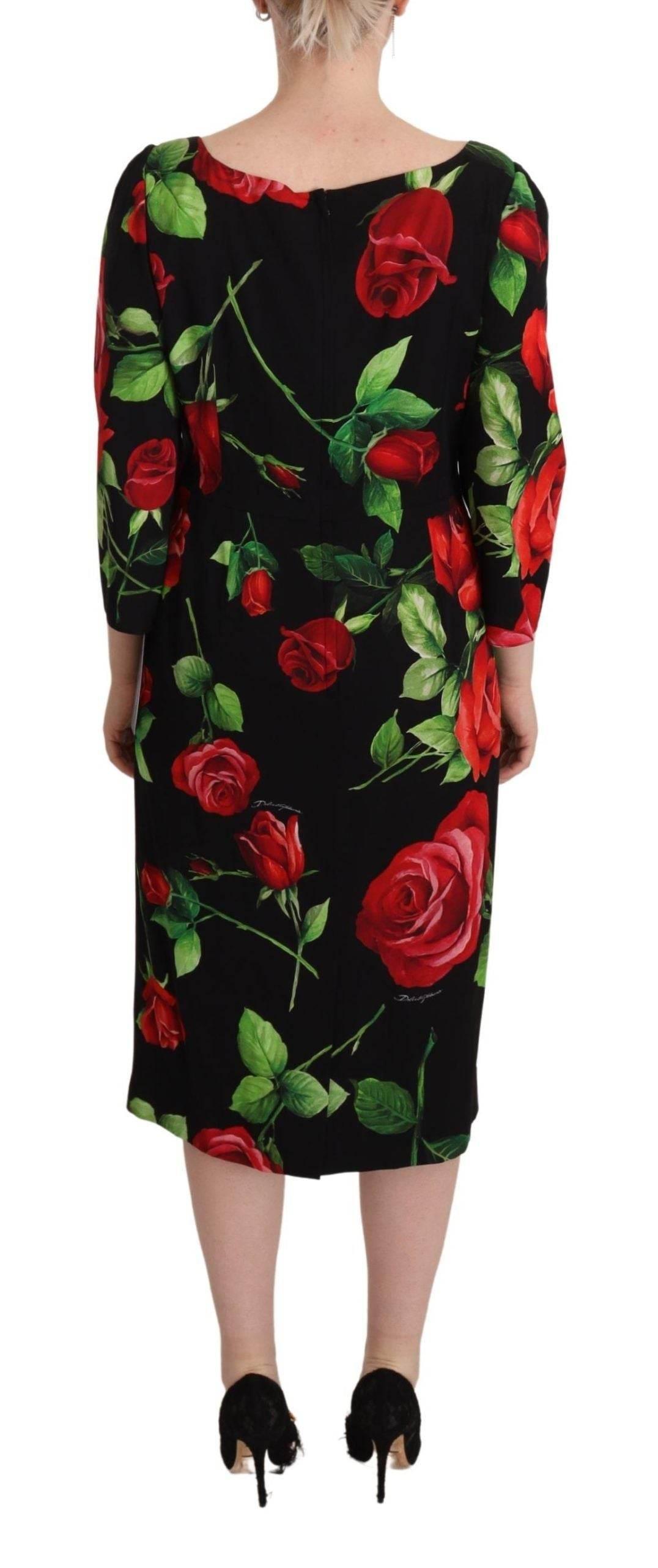 Dolce & Gabbana Black Red Roses Sheath Stretch Silk Dress - Hilstor