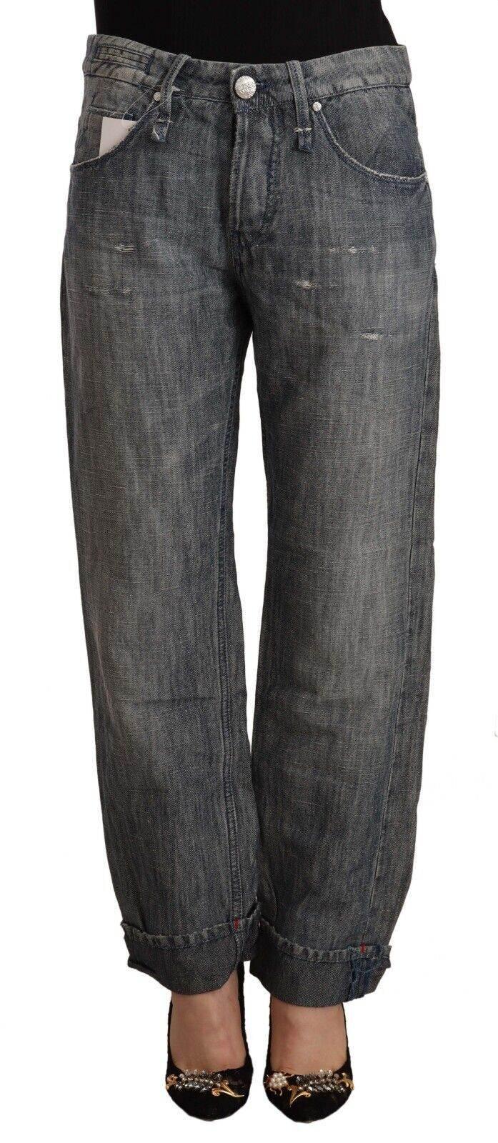 Acht Gray Washed Ramie Straight Denim Folded Hem Jeans - Hilstor