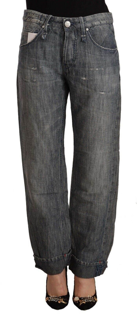 Acht Gray Washed Ramie Straight Denim Folded Hem Jeans - Hilstor