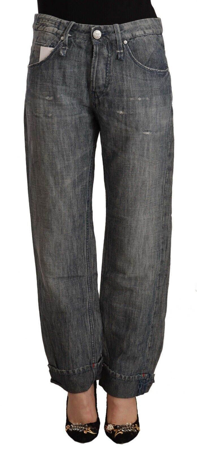 Acht Gray Washed Ramie Straight Denim Folded Hem Jeans - Hilstor