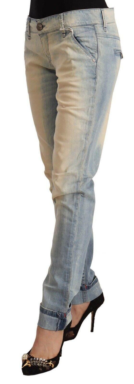 Acht Light Blue Washed Cotton Low Waist Skinny Denim Jeans - Hilstor