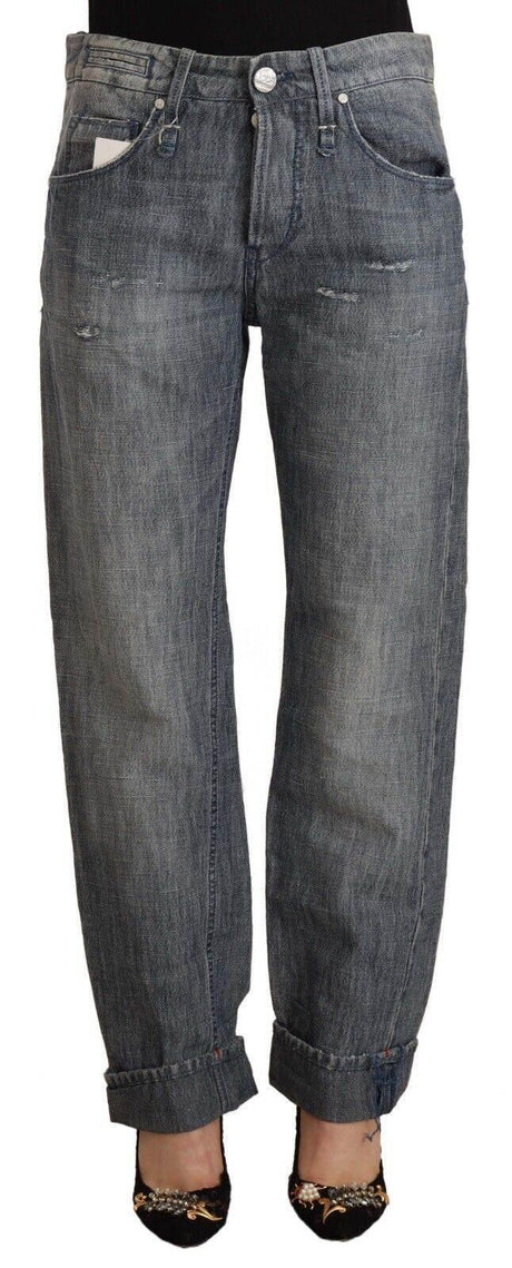 Acht Gray Washed Mid Waist Straight Denim Folded Hem Jeans - Hilstor