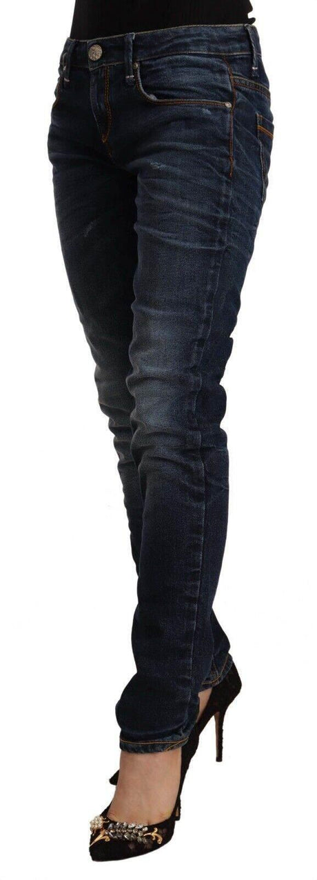 Acht Blue Washed Cotton Mid Waist Skinny Denim Jeans - Hilstor