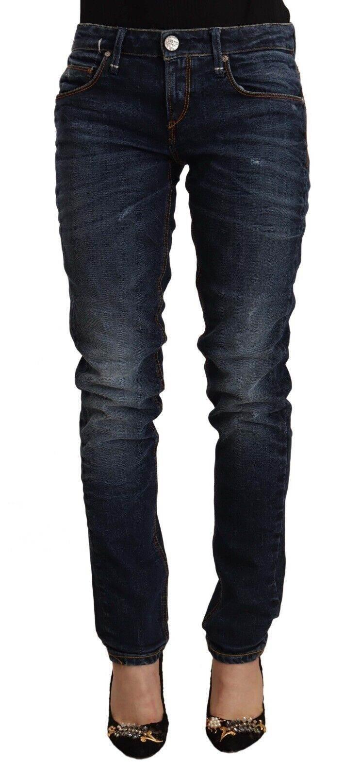 Acht Blue Washed Cotton Mid Waist Skinny Denim Jeans - Hilstor