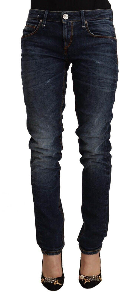 Acht Blue Washed Cotton Mid Waist Skinny Denim Jeans - Hilstor