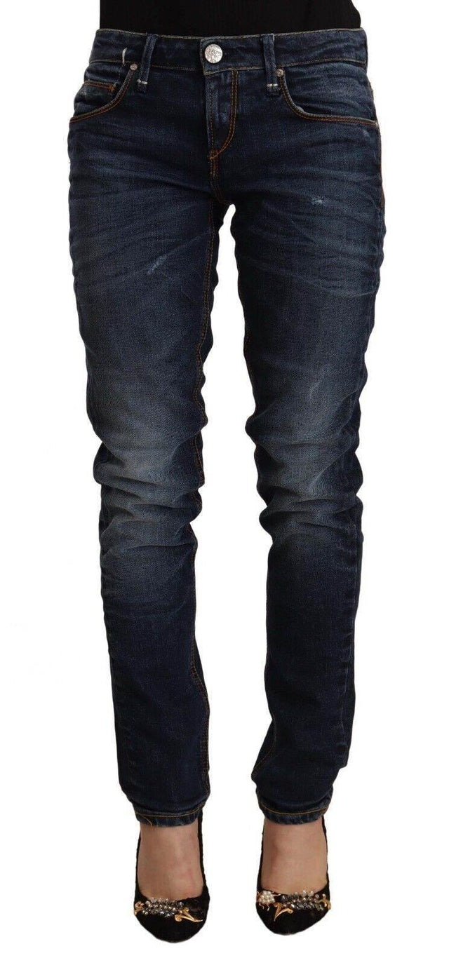 Acht Blue Washed Cotton Mid Waist Skinny Denim Jeans - Hilstor