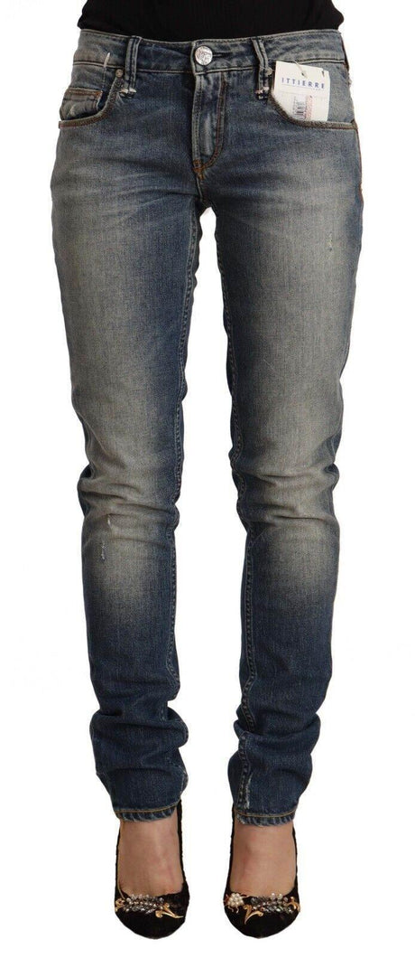Acht Blue Washed Cotton Mid Waist Skinny Denim Jeans - Hilstor