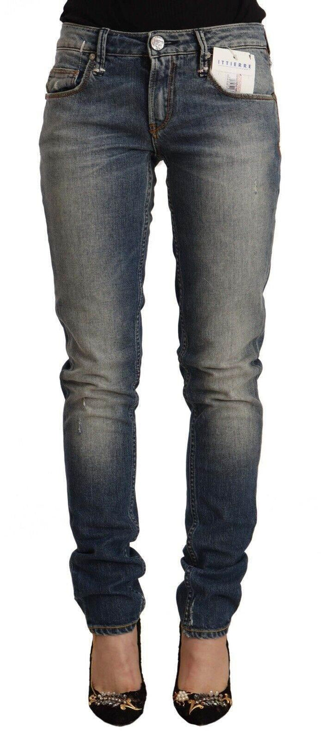 Acht Blue Washed Cotton Mid Waist Skinny Denim Jeans - Hilstor