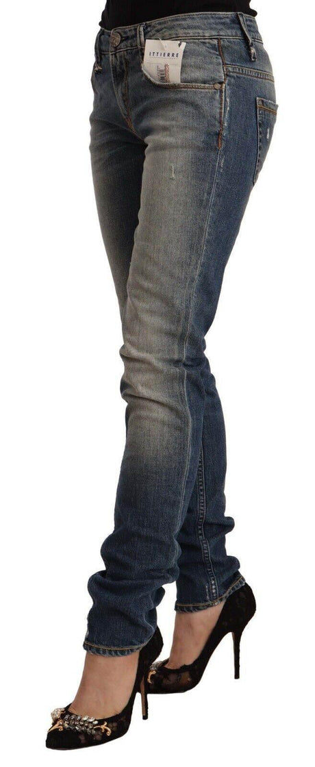 Acht Blue Washed Cotton Mid Waist Skinny Denim Jeans - Hilstor