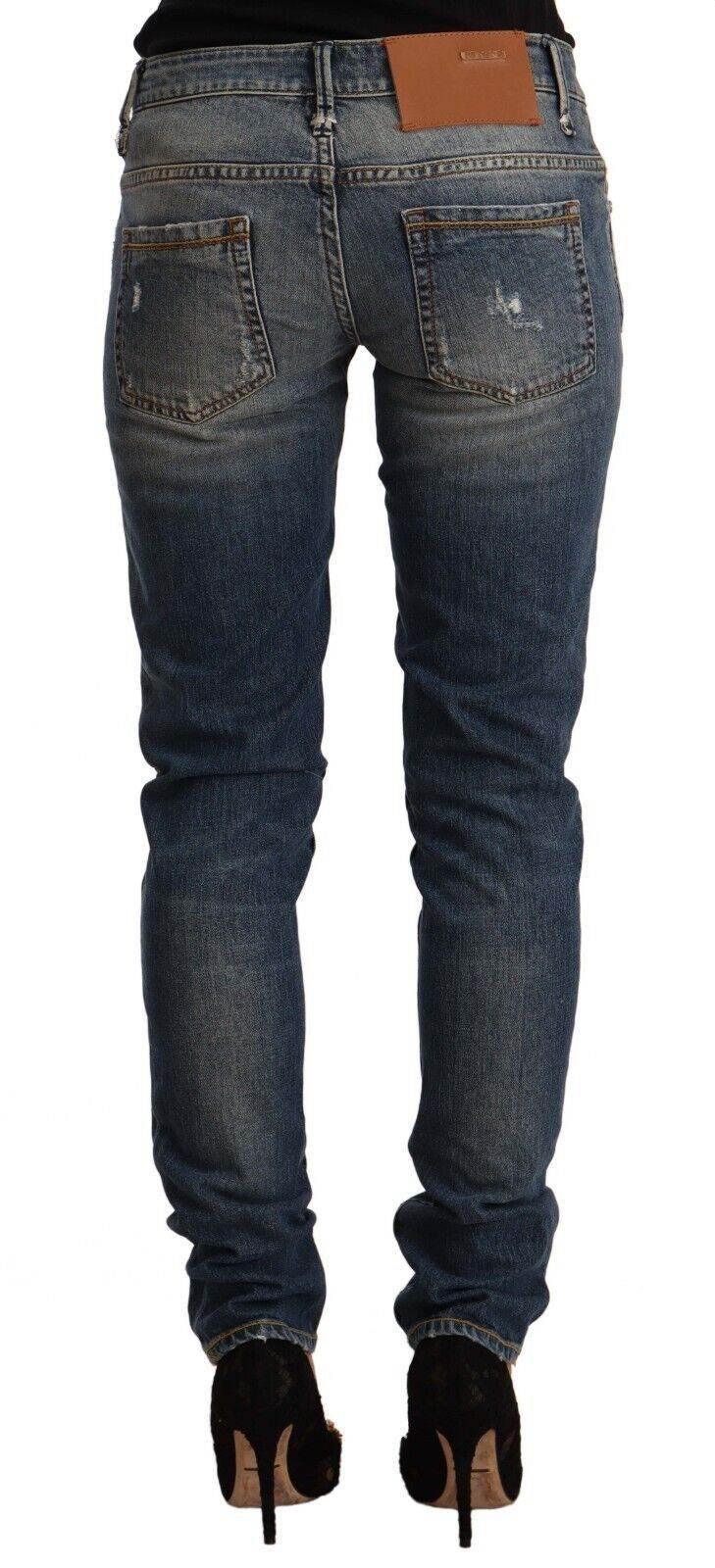 Acht Blue Washed Cotton Mid Waist Skinny Denim Jeans - Hilstor