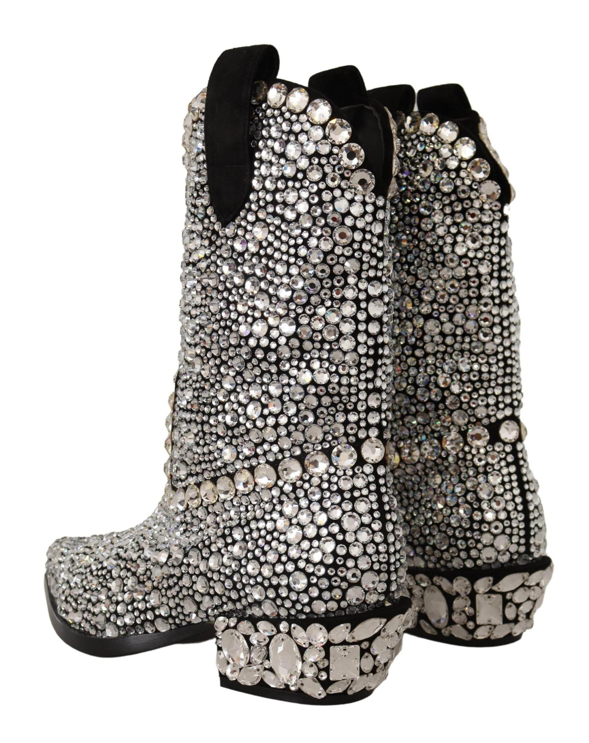 Dolce & Gabbana Crystal-Embellished Black Suede Boots - Hilstor