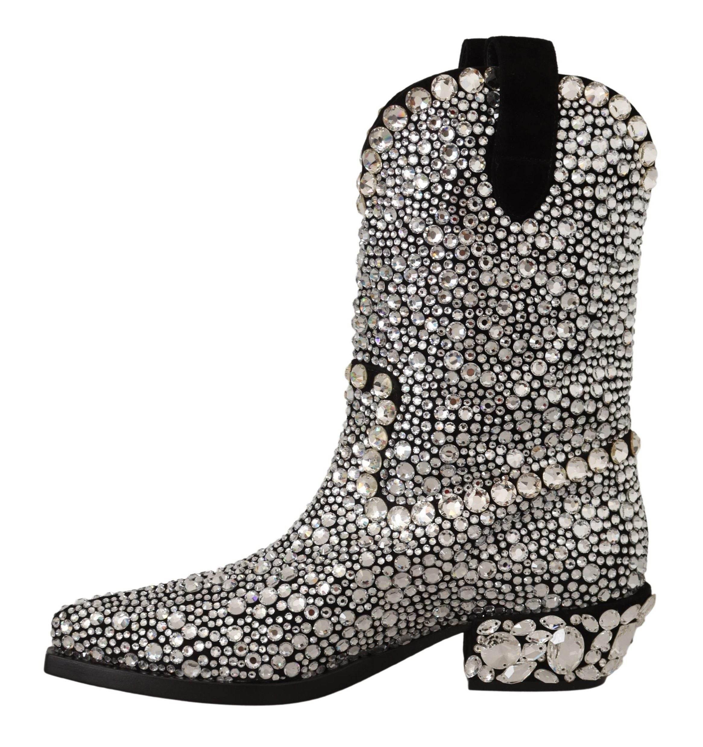 Dolce & Gabbana Crystal-Embellished Black Suede Boots - Hilstor