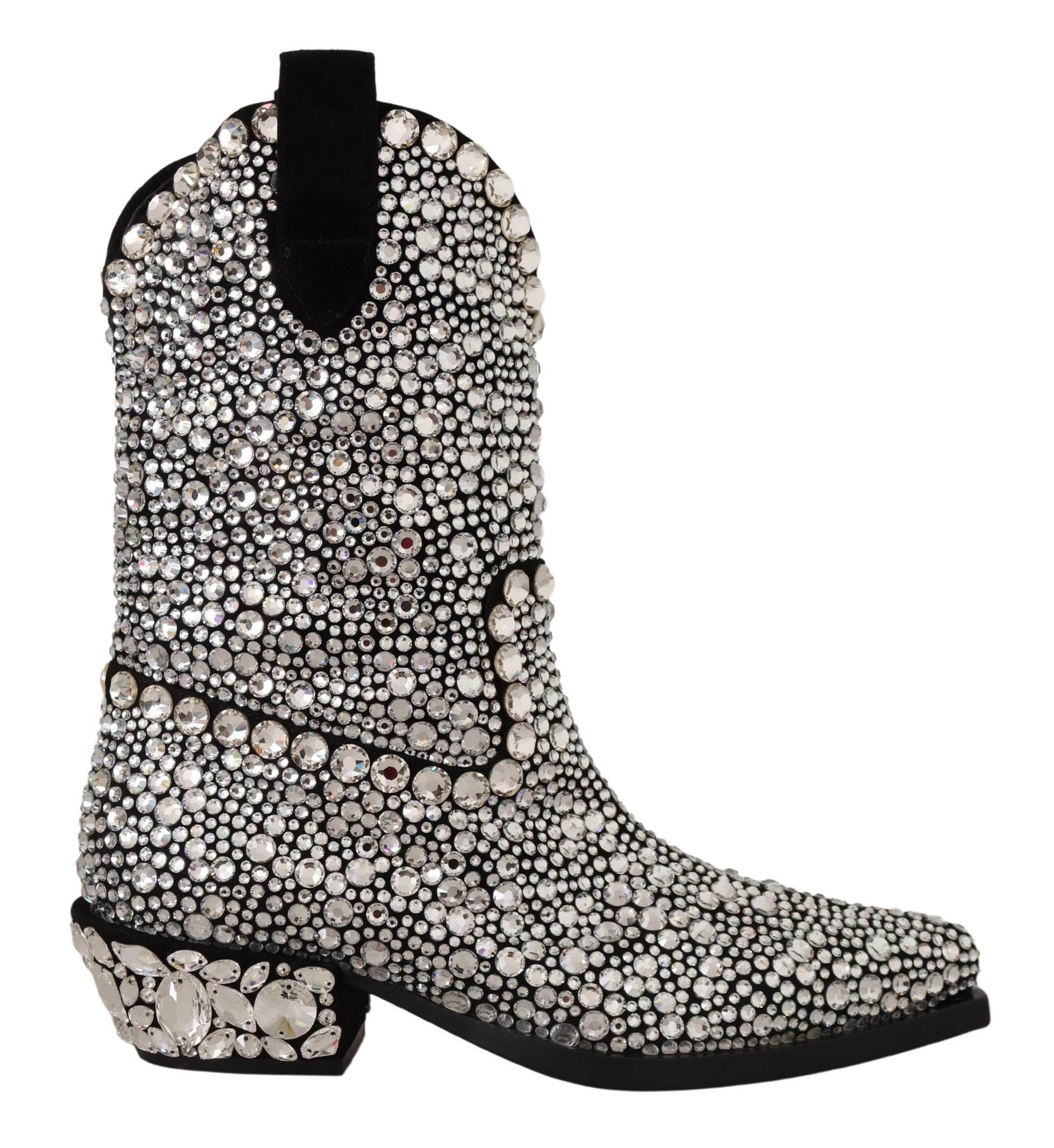 Dolce & Gabbana Crystal-Embellished Black Suede Boots - Hilstor