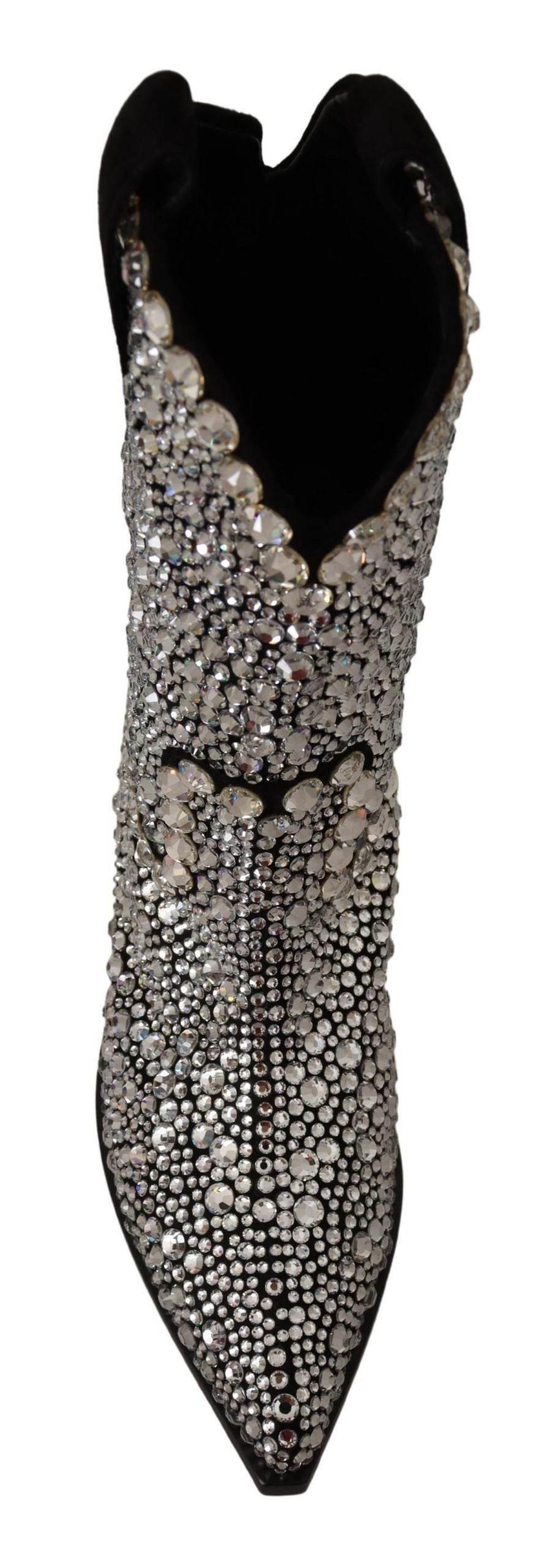 Dolce & Gabbana Crystal-Embellished Black Suede Boots - Hilstor
