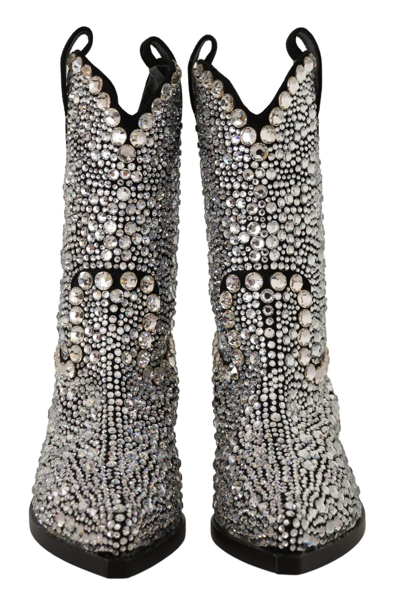 Dolce & Gabbana Crystal-Embellished Black Suede Boots - Hilstor