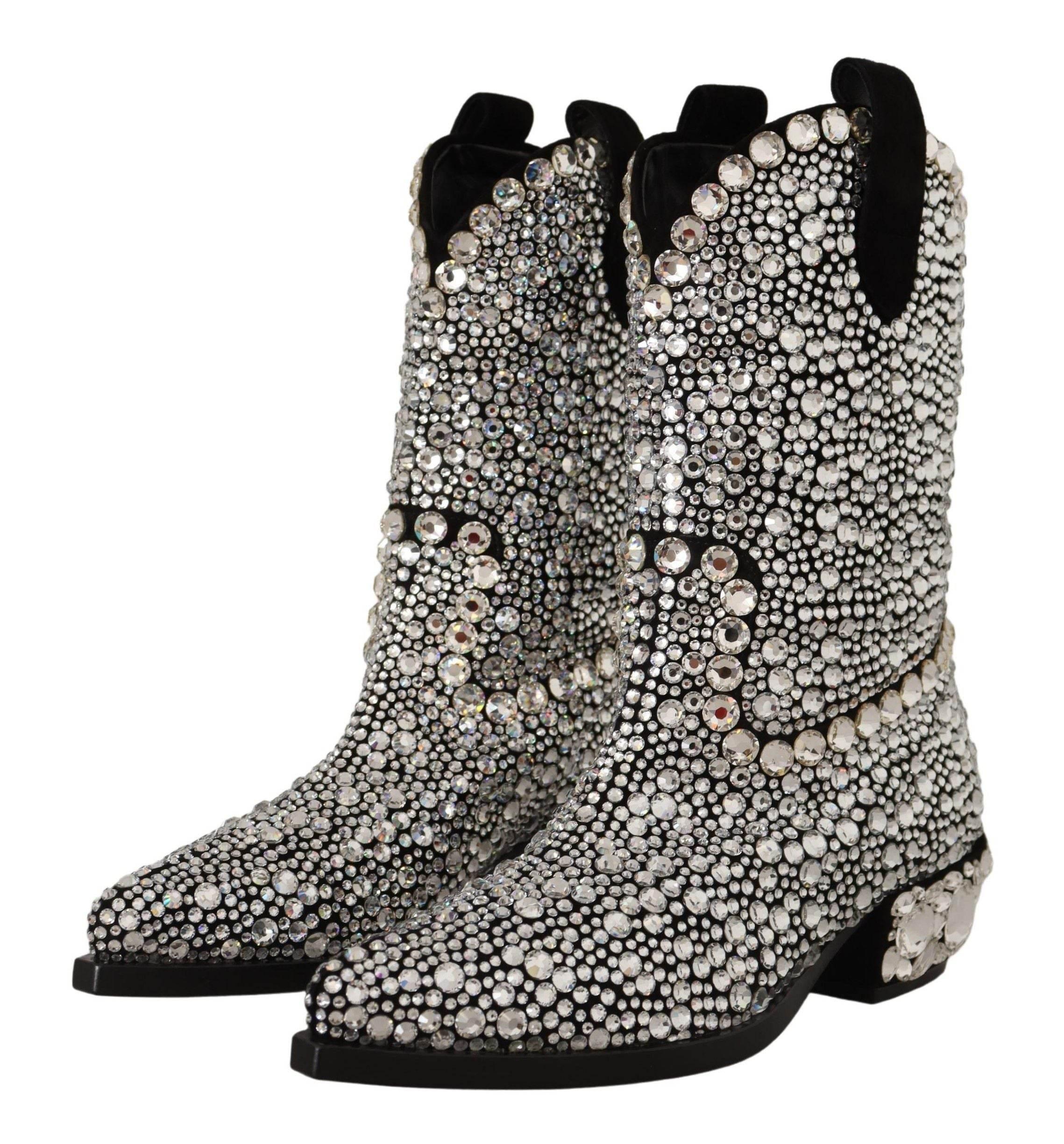 Dolce & Gabbana Crystal-Embellished Black Suede Boots - Hilstor